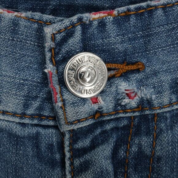 True Religion Jeans Mens 40 x 34 Waist Blue Denim Skinny Flap Pockets Distressed - Picture 8 of 16